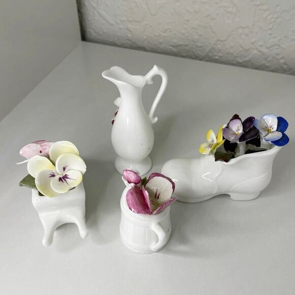 4pc Bone China Pansies Miniatures Vase, Boot, Wheelbarrow, and Watering Can - Picture 2 of 4